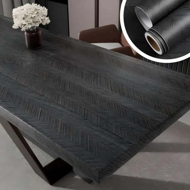COWINLIFE DECO Peel & Stick Wallpapers Wall Covering Factory Black PVC Wood Wallpaper Grain 3d Wall Paper Wall Stickers Home Decor detail 1