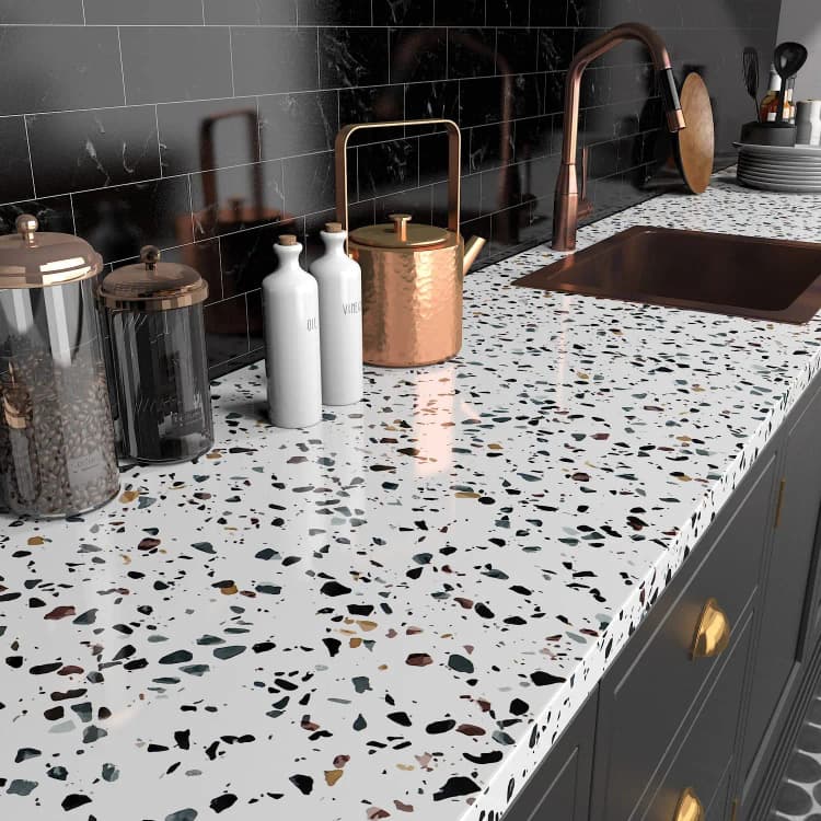 White Marble Granite Countertop Contact Paper Waterproof Vinyl Terrazzo Wallpaper Peel and Stick Kitchen Counter Wall Paper Roll detail 3