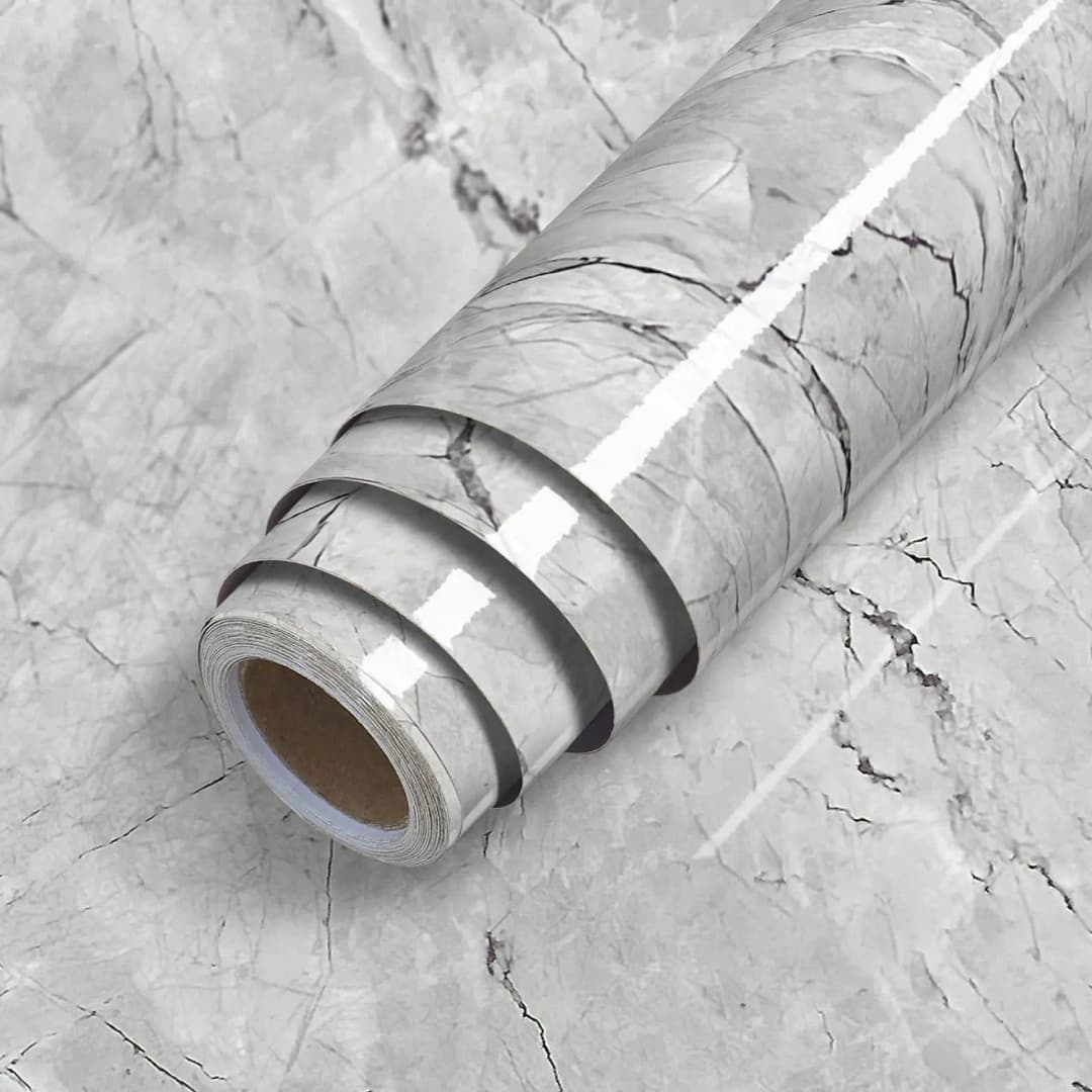 COWINLIFE Glossy Gray Vinyl Peel and Stick Wallpaper Self Adhesive Wall Paper 3D Marble Sticker for Room 23.5 Inch X196.7inch