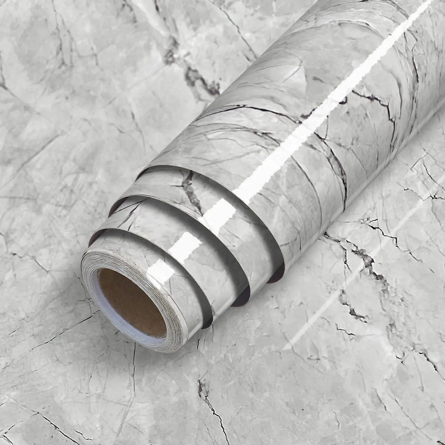 COWINLIFE Glossy Gray Vinyl Peel and Stick Wallpaper Self Adhesive Wall Paper 3D Marble Sticker for Room 23.5 Inch X196.7inch