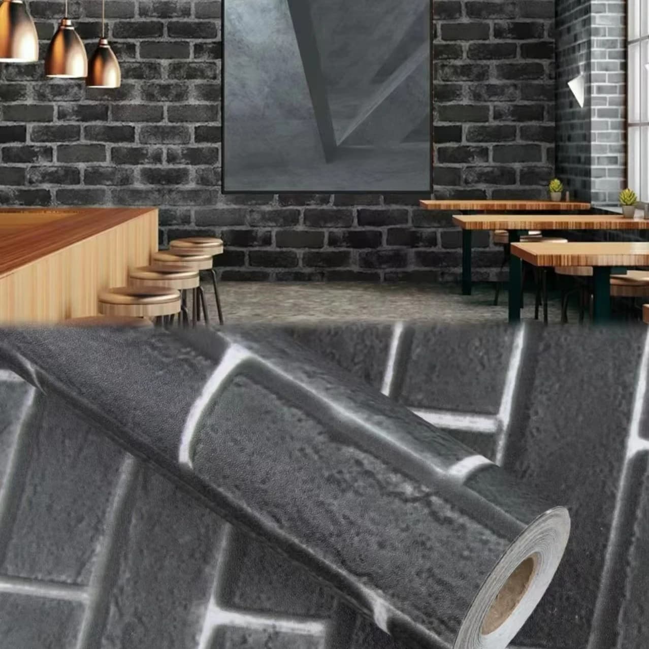 COWINLIFE DECO Black Retro Brick Wallpaper Wall Sticker PVC Vinyl Waterproof Peel and Stick Self Adhesive 3D Wallpaper for Wall Decor