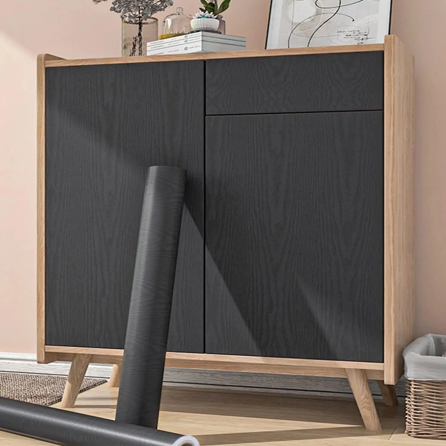 COWINLIFE DECO DIY Black Wood Peel and Stick Wallpaper Self Adhesive Textured Vinyl Film Removable Wall Covering Cabinet Furniture