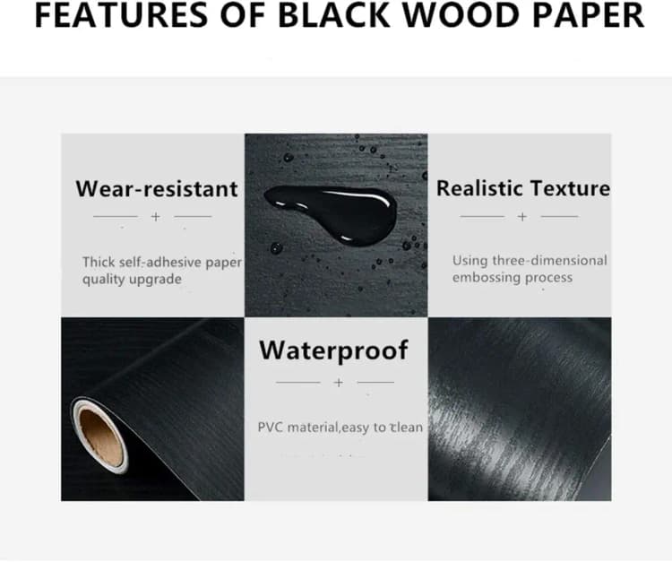 COWINLIFE DECO DIY Black Wood Peel and Stick Wallpaper Self Adhesive Textured Vinyl Film Removable Wall Covering Cabinet Furniture detail 2