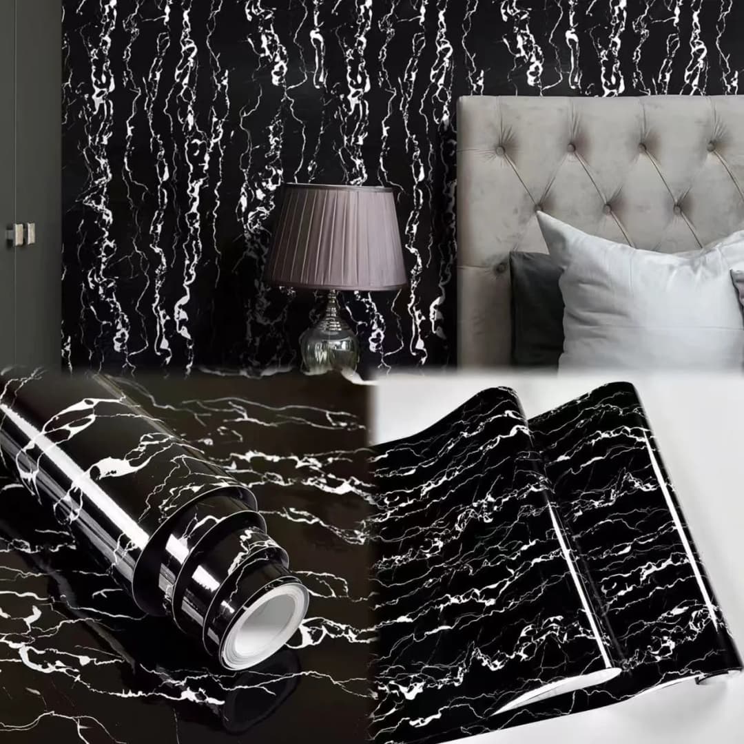 COWINLIFE DECO Black Vinyl Marble Sticker Self Adhesive Waterproof 3d Kitchen Wall Sticker Peel and Stick Wallpaper for Bedroom