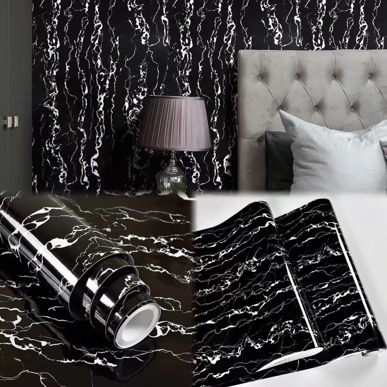COWINLIFE DECO Black Vinyl Marble Sticker Self Adhesive Waterproof 3d Kitchen Wall Sticker Peel and Stick Wallpaper for Bedroom