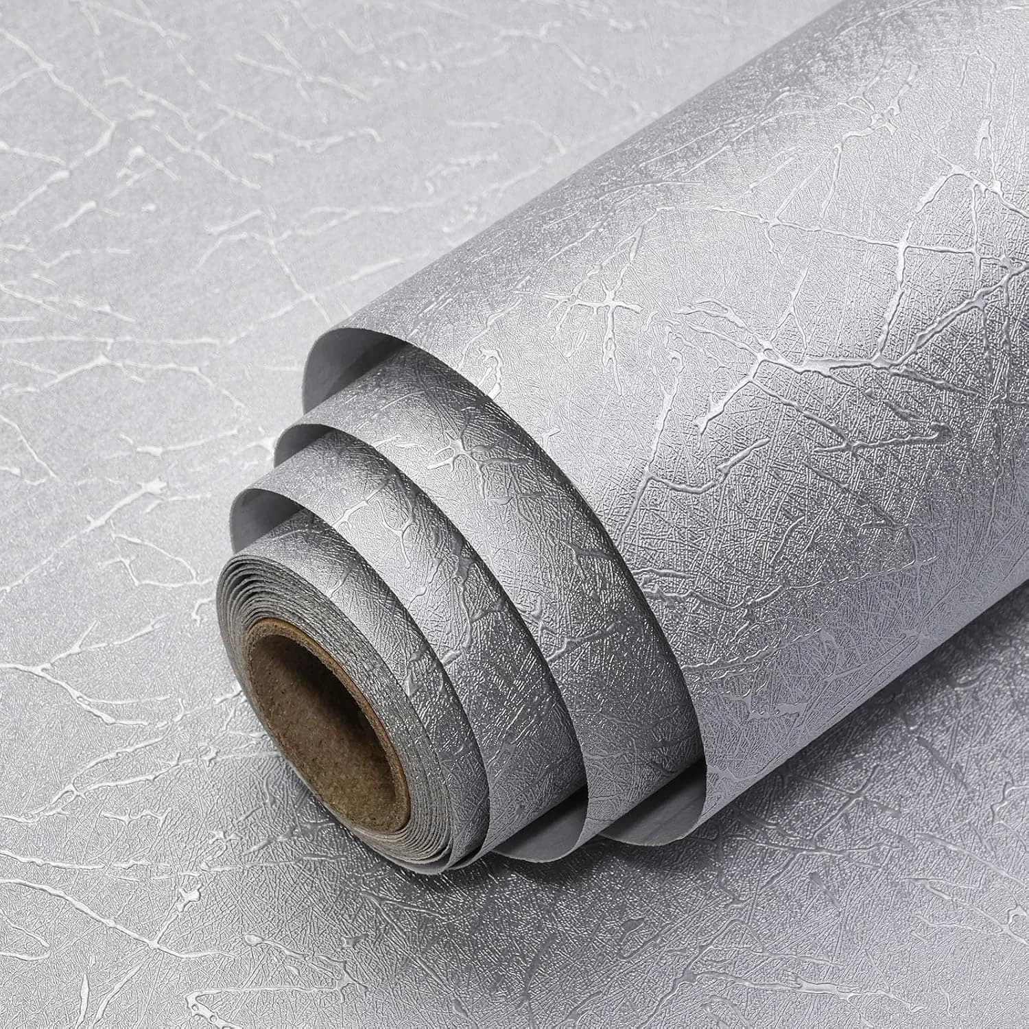 COWINLIFE DECO Waterproof Silver 3D Embossed Silk Contact Paper Kitchen Wall Sticker PVC Vinyl Self-Adhesive Wallpaper for Bedroom