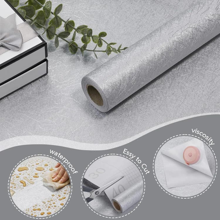 COWINLIFE DECO Waterproof Silver 3D Embossed Silk Contact Paper Kitchen Wall Sticker PVC Vinyl Self-Adhesive Wallpaper for Bedroom detail 2