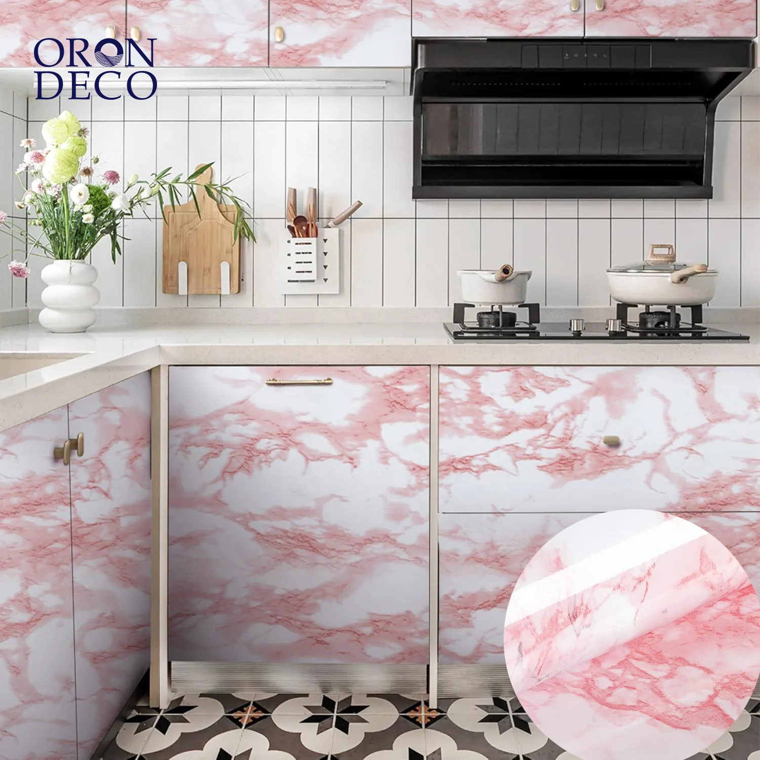 COWINLIFE DECO Pink Vinyl Marble Sticker Wallpaper Peel and Stick Waterproof Kitchen Wall Sticker Self Adhesive Cabinet Kitchen Wrap