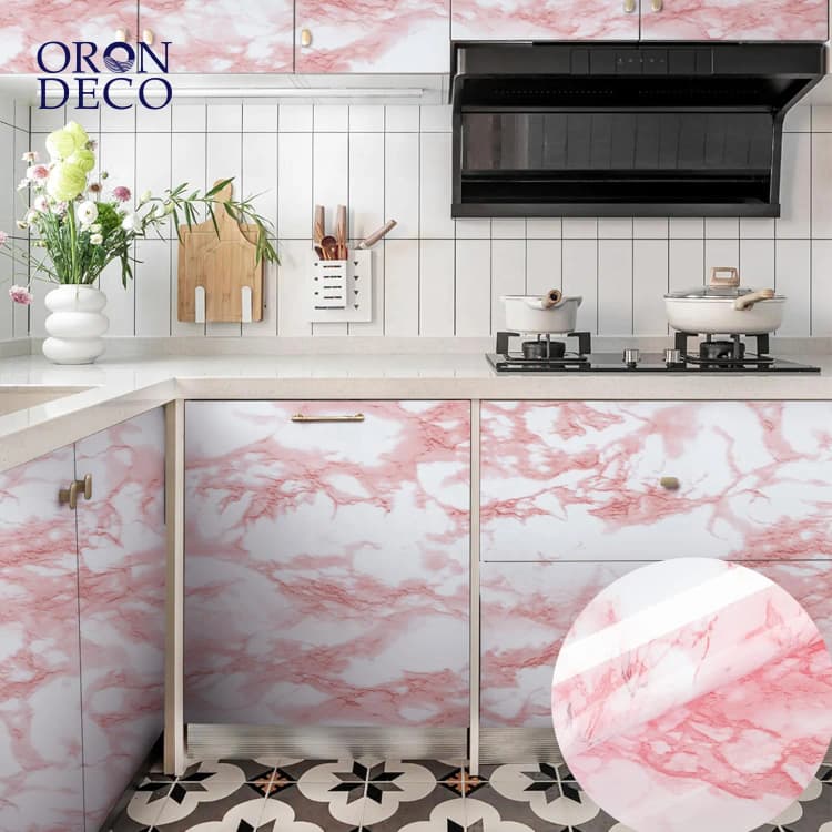 COWINLIFE DECO Pink Vinyl Marble Sticker Wallpaper Peel and Stick Waterproof Kitchen Wall Sticker Self Adhesive Cabinet Kitchen Wrap detail 1
