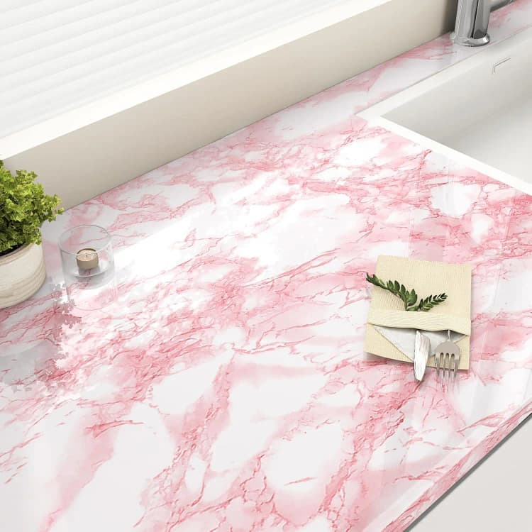 COWINLIFE DECO Pink Vinyl Marble Sticker Wallpaper Peel and Stick Waterproof Kitchen Wall Sticker Self Adhesive Cabinet Kitchen Wrap detail 2
