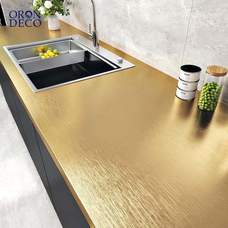COWINLIFE DECO Gold Stainless Steel Self-Adhesive Brushed Sticker Kitchen Wrap PVC Peel and Stick Metallic Wallpaper for Wall detail 1