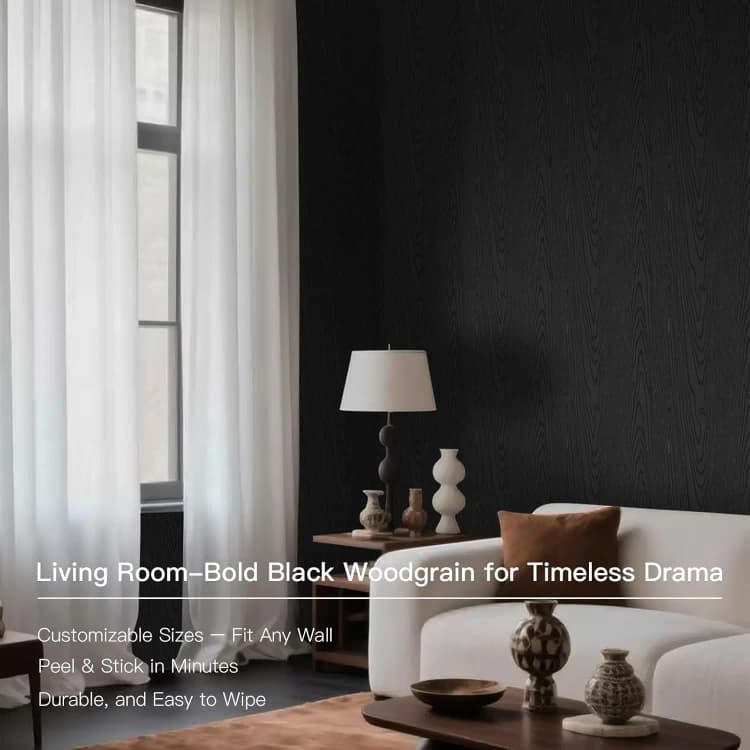 COWINLIFE DECO Black Wood Peel and Stick Wallpaper Kitchen Wall Sticker Bedroom Desk Wood Grain Textured Removable Cabinet Vinyl Wrap detail 5