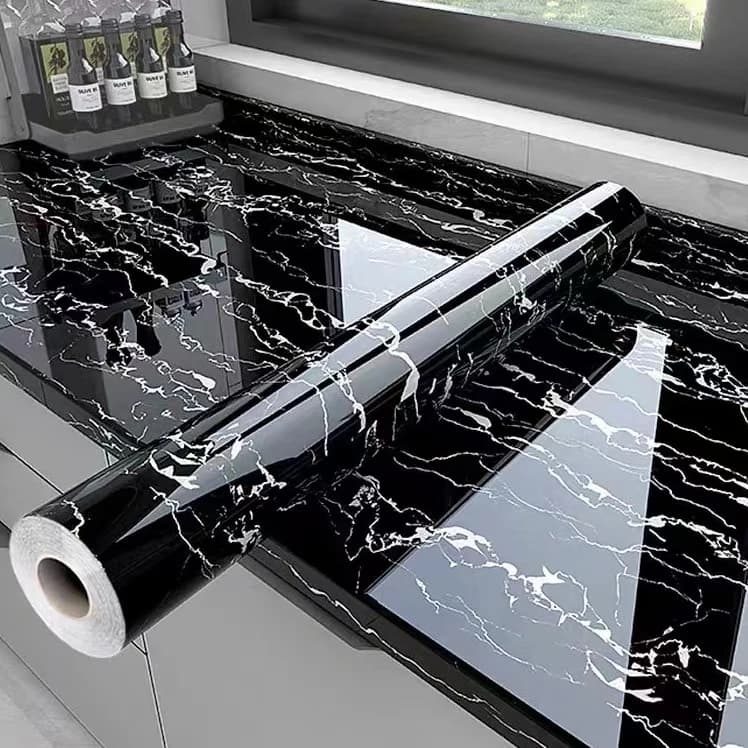 COWINLIFE DECO Cheap Glossy Black Marble Sticker Self Adhesive Waterproof 3d Kitchen Oil Proof Wallpaper Peel and Stick for Home