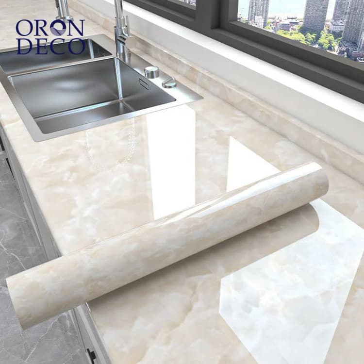 COWINLIFE DECO High Quality PVC Vinyl Beige Marble Wallpaper Self-Adhesive Peel & Stick Waterproof Kitchen Wallpaper Sticker detail 1