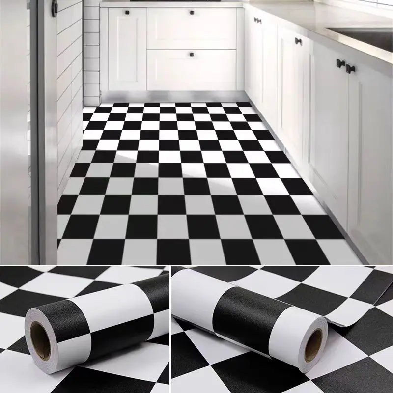 Factory Price Waterproof 3D Black and White Vinyl Flooring Stickers PVC Self Adhesive Floor Wallpaper Roll Removable detail 3