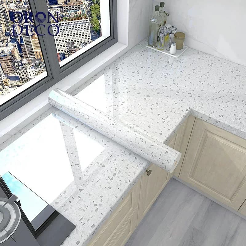 COWINLIFE DECO Waterproof Glossy White Granite Terrazzo Vinyl Self Adhesive Marble Wall Sticker Wallpaper for Kitchen Countertops