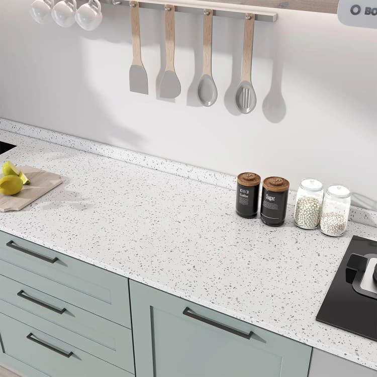 COWINLIFE DECO Waterproof Glossy White Granite Terrazzo Vinyl Self Adhesive Marble Wall Sticker Wallpaper for Kitchen Countertops detail 4