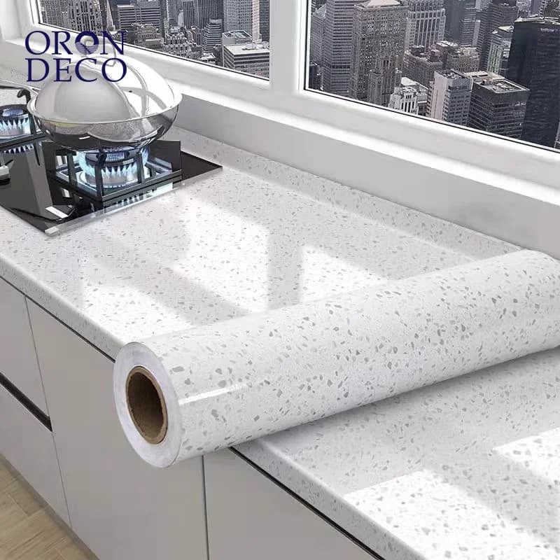 COWINLIFE DECO Custom Glossy White Granite Terrazzo Vinyl Wallpaper Self-Adhesive Marble Wall Sticker Waterproof for Kitchen
