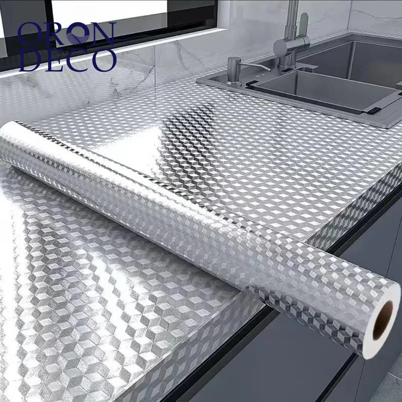 COWINLIFE DECO 3D Aluminum Foil Wall Paper Silver Chequer Peel Stick Waterproof Moisture Proof Kitchen Self-Adhesive Geometric