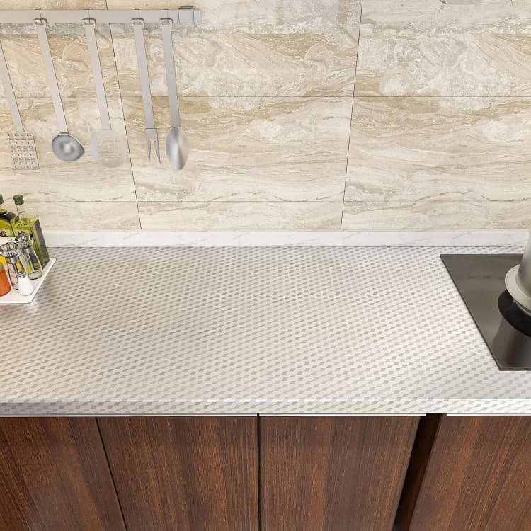 COWINLIFE DECO 3D Aluminum Foil Wall Paper Silver Chequer Peel Stick Waterproof Moisture Proof Kitchen Self-Adhesive Geometric detail 4