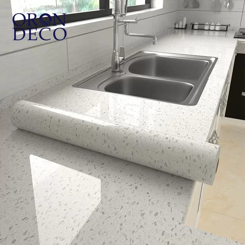 COWINLIFE DECO Waterproof Glossy White Granite Terrazzo Vinyl Marble Sticker Self Adhesive Wallpaper for Kitchen Countertops