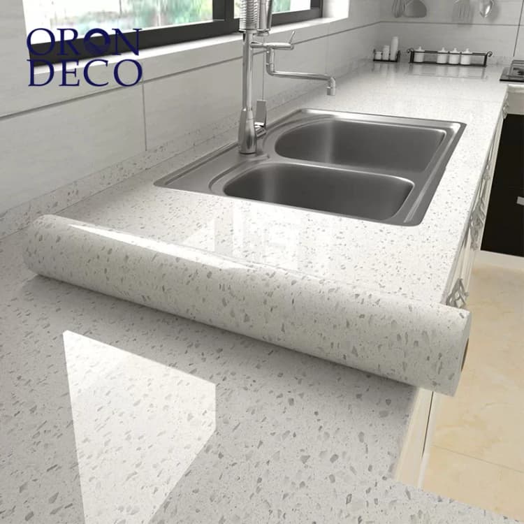 COWINLIFE DECO Waterproof Glossy White Granite Terrazzo Vinyl Marble Sticker Self Adhesive Wallpaper for Kitchen Countertops detail 1