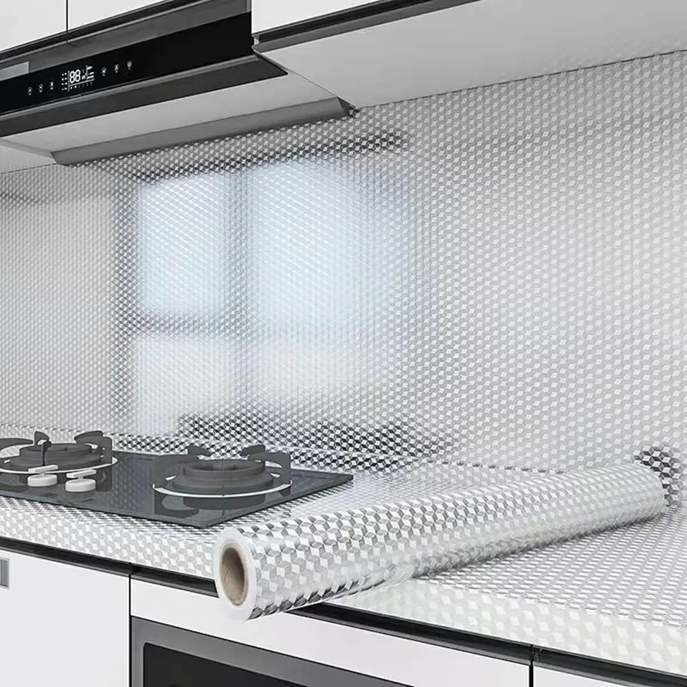 COWINLIFE Kitchen Waterproof Oil Proof Aluminum Foil Sticker Silver Chequer Peel and Stick Wallpaper Removable and Self Adhesive
