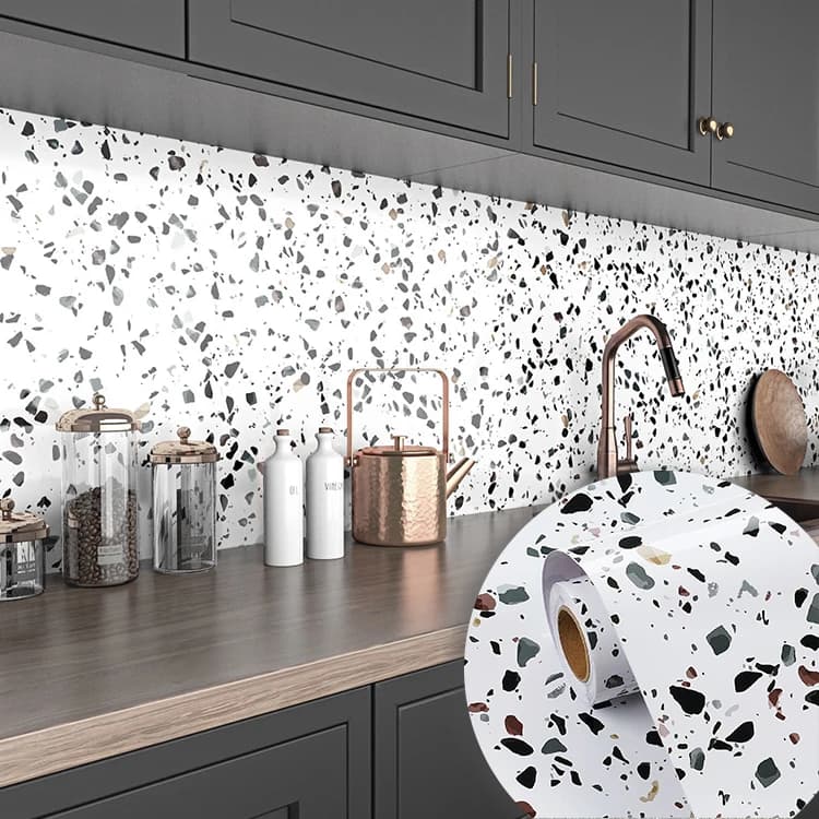 Glossy Terrazzo Contact Paper Peel and Stick White Marble Wall Paper Waterproof Self Adhesive Removable Wallpaper for Kitchen
