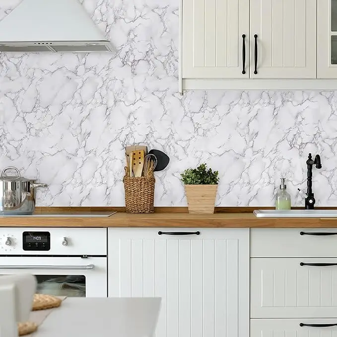 Wholesale White Grey Wallpaper Peel and Stick Glossy Marble Self Adhesive Contact Paper for Countertop Kitchen Cabinets Bathroom detail 2