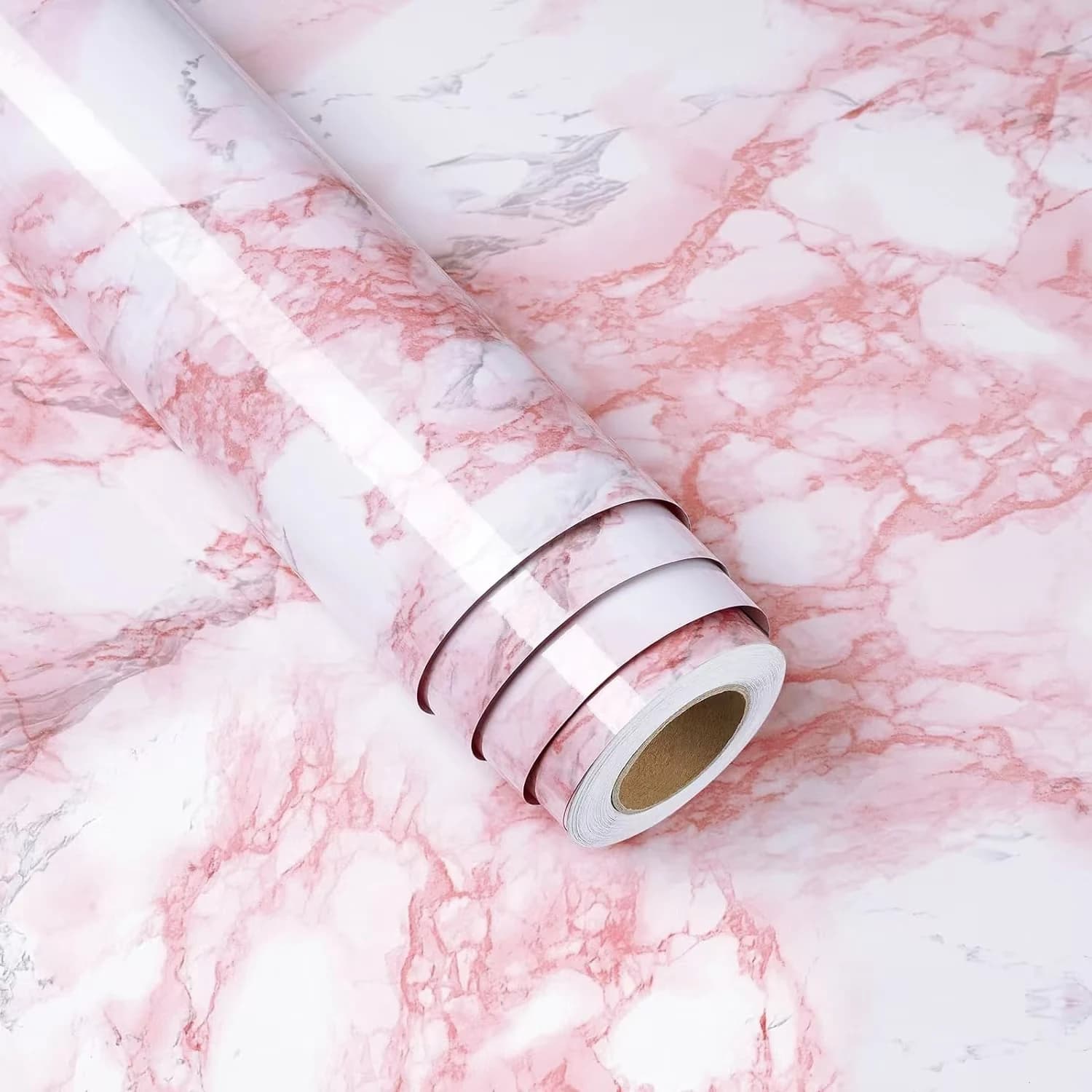 COWINLIFE DECO Glossy Pink Waterproof Wall Sticker Peel and Stick PVC Self Adhesive Marble Sticker Wallpaper for Home Decoration