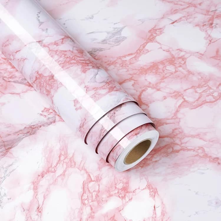 COWINLIFE DECO Glossy Pink Waterproof Wall Sticker Peel and Stick PVC Self Adhesive Marble Sticker Wallpaper for Home Decoration detail 1