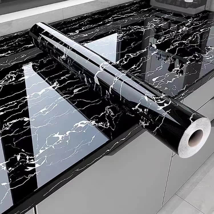 COWINLIFE DECO Glossy Black Marble Sticker Self Adhesive Removable 3d Kitchen Oil-proof Wallpaper Vinyl Rolls Peel and Stick for Home