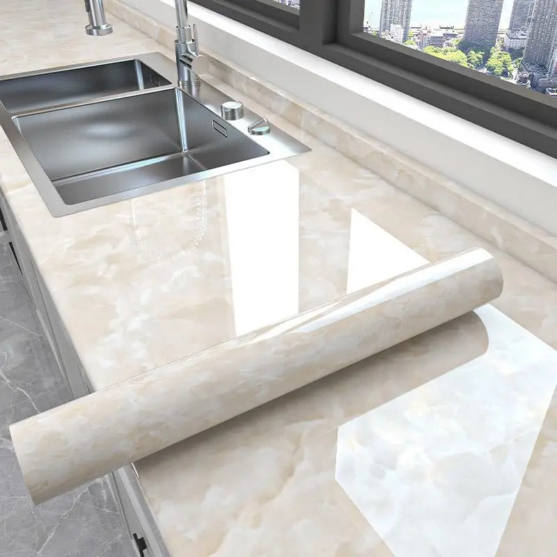 COWINLIFE DECO High Quality PVC Vinyl Beige Marble Wallpaper Sticker Peel and Stick Self Adhesive Waterproof Wallpaper for Kitchen