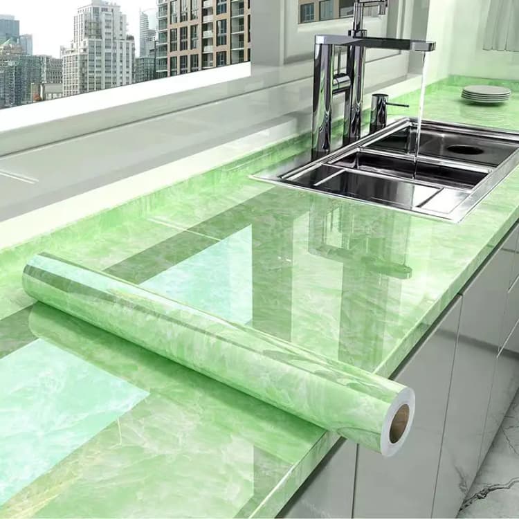 Green Glossy Waterproof Marble Sticker Wallpaper Peel and Stick  Self Adhesive 3D Wallpaper Roll for Kitchen Decor detail 1