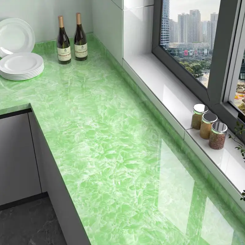 Green Glossy Waterproof Marble Sticker Wallpaper Peel and Stick  Self Adhesive 3D Wallpaper Roll for Kitchen Decor detail 3