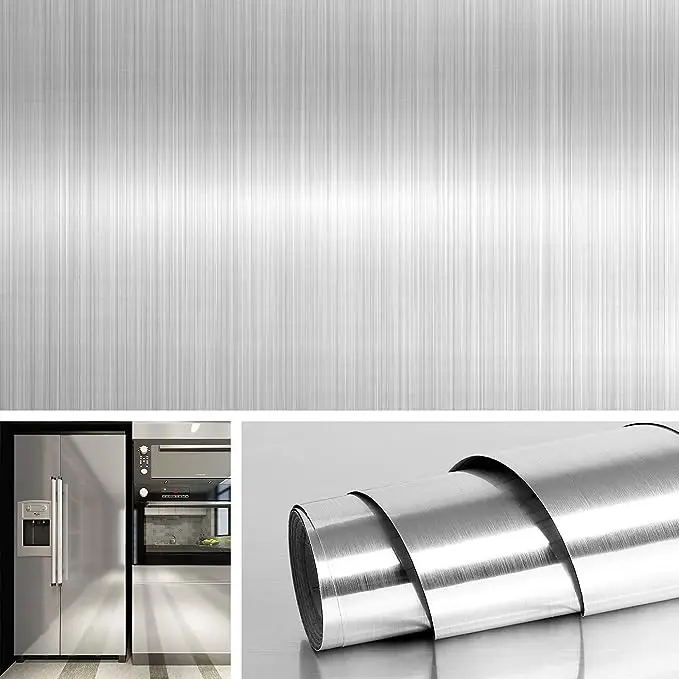 Hot Selling Silver Metal Stainless Steel Contact Wall Paper for Refrigerator PVC Self Adhesive Decorative Vinyl Film detail 2