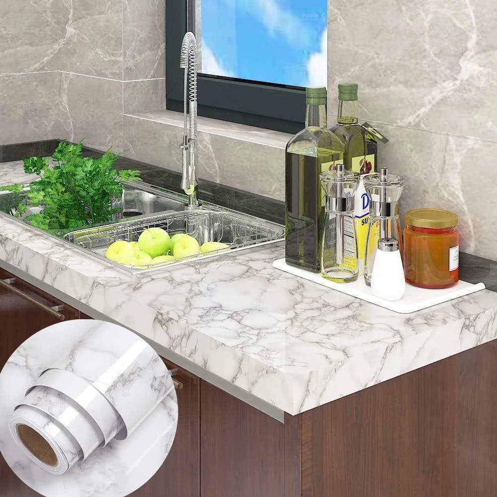 3D Marble Sticker White Grey Wallpaper Peel and Stick Glossy Marble Self Adhesive Removable for Countertop Kitchen