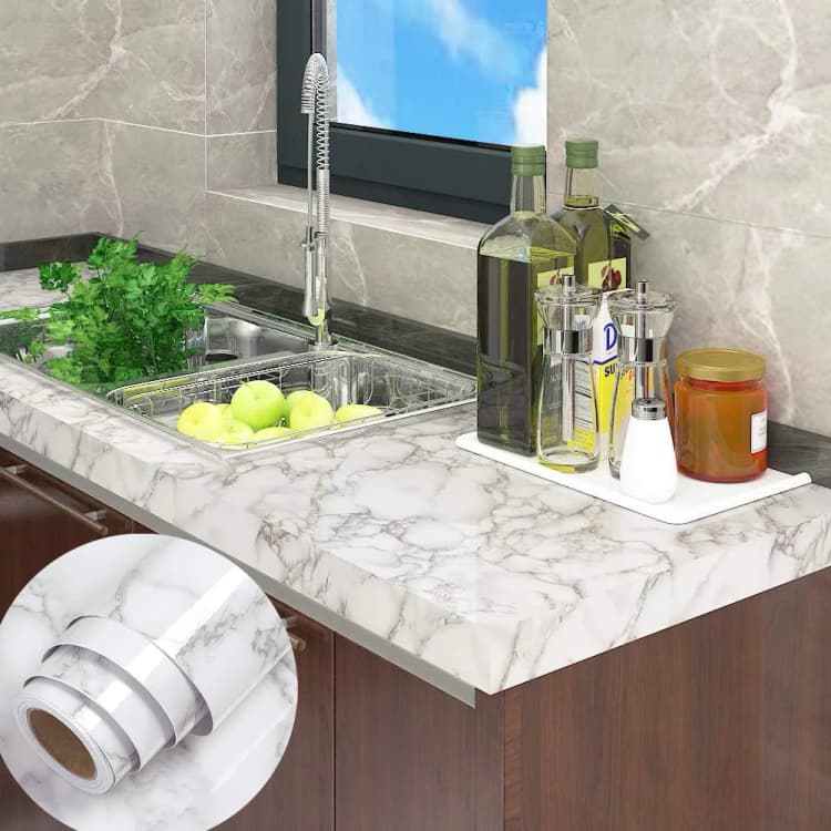 3D Marble Sticker White Grey Wallpaper Peel and Stick Glossy Marble Self Adhesive Removable for Countertop Kitchen detail 1