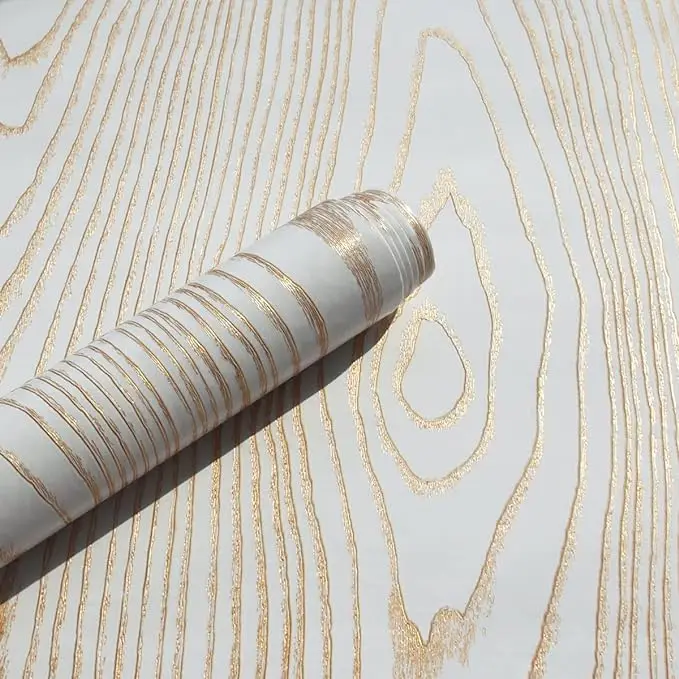 Gold Wood Grain Removable Wallpaper White and Gold Decorative Self Adhesive Contact Paper for Wall Wallpaper Sticker Wood Design detail 6