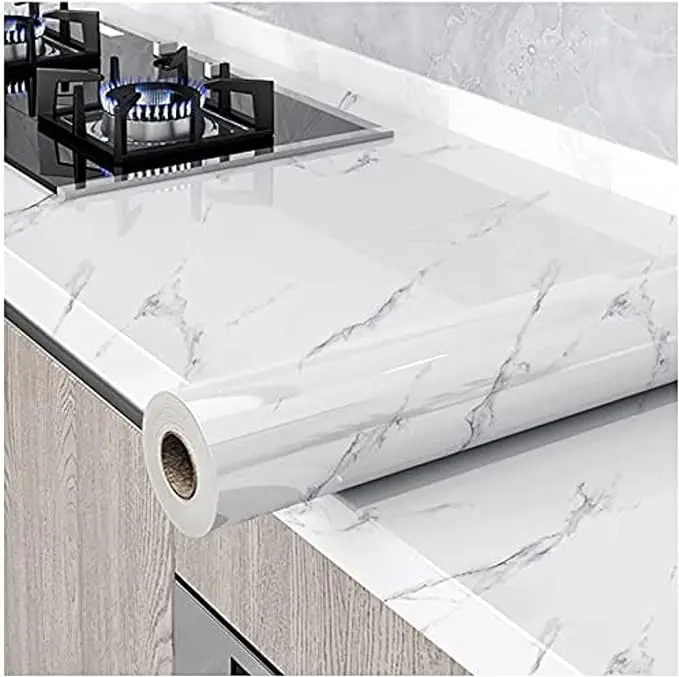 3D Glossy White Marble Wallpaper Granite Peel and Stick Self Adhesive Removable Waterproof Countertop Paper for Kitchen Cabinet