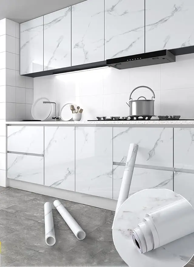 3D Glossy White Marble Wallpaper Granite Peel and Stick Self Adhesive Removable Waterproof Countertop Paper for Kitchen Cabinet detail 2