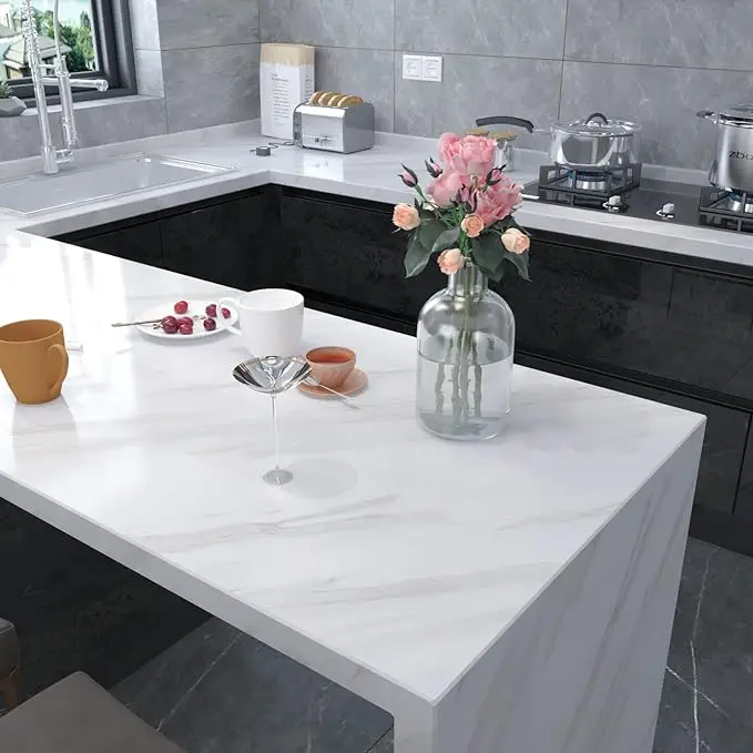 Glossy White Marble Peel and Stick Wallpaper Vinyl Film Self Adhesive Removable Waterproof Wall Paper for Kitchen Cabinet detail 3