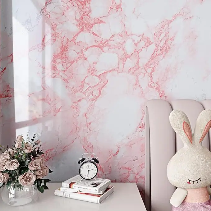Waterproof Pink Marble Stickers Peel and Stick Marble Wallpaper PVC Self Adhesive Desk Wallpaper for Bathroom detail 1