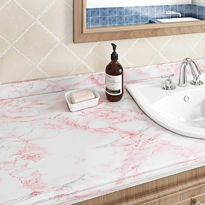 Waterproof Pink Marble Stickers Peel and Stick Marble Wallpaper PVC Self Adhesive Desk Wallpaper for Bathroom detail 3