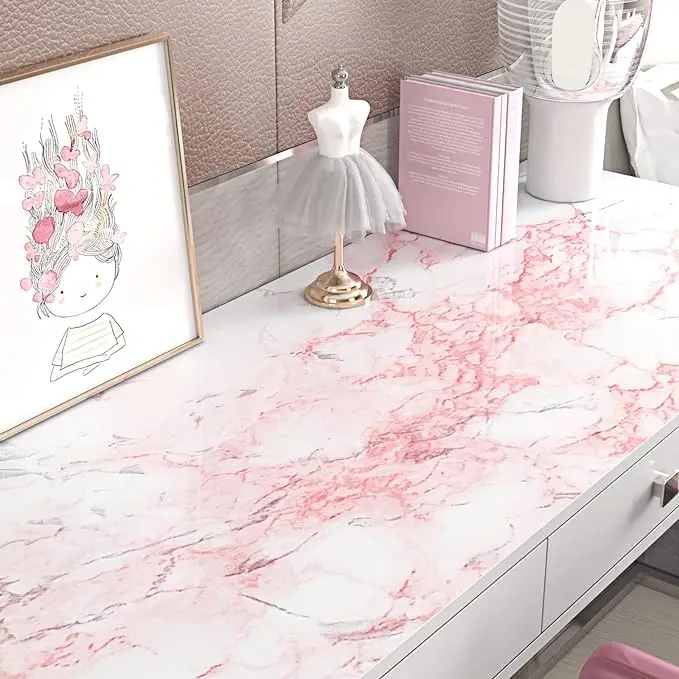 Waterproof Pink Marble Stickers Peel and Stick Marble Wallpaper PVC Self Adhesive Desk Wallpaper for Bathroom detail 4