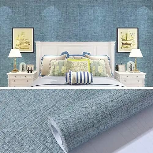 Hot Selling Textured Fabric Blue Linen Wallpaper Peel and Stick Self-Adhesive Removable Waterproof Wallpaper for Wall Cabinets detail 2