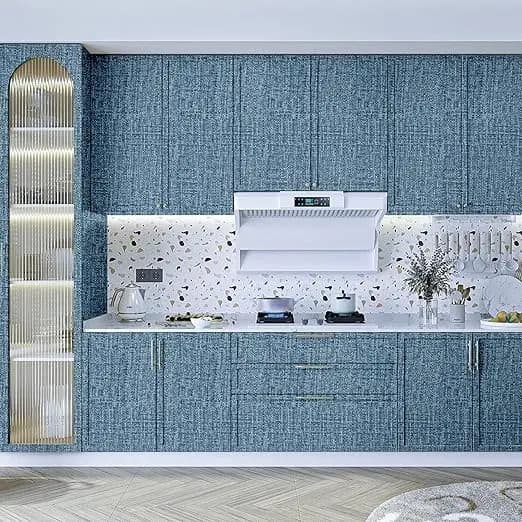 Hot Selling Textured Fabric Blue Linen Wallpaper Peel and Stick Self-Adhesive Removable Waterproof Wallpaper for Wall Cabinets detail 4