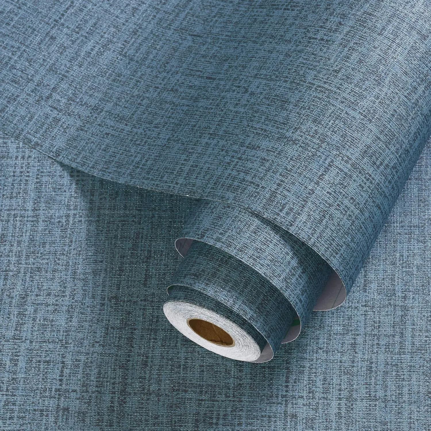 Classical Blue Linen Texture Interior Waterproof Decorative Wall Paper Pvc Self Adhesive Wallpaper Rolls for Bedroom Decoration