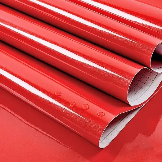 COWINLIFE DECO Waterproof Glossy Red Glitter Wallpaper Peel and Stick PVC Vinyl Wall Paper Self Adhesive Wall Sticker for Kitchen