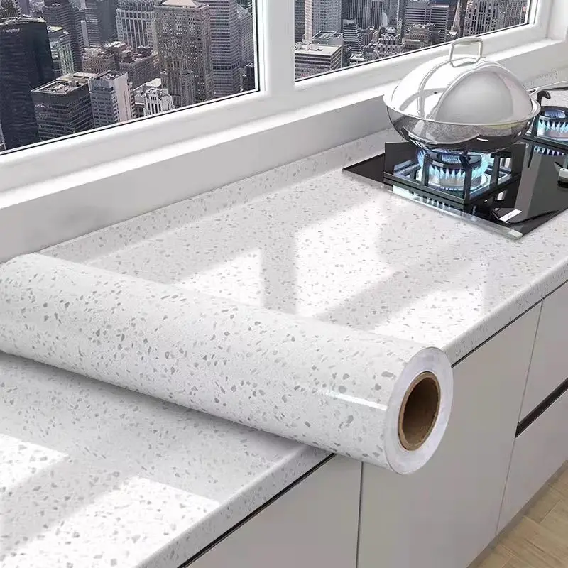 COWINLIFE DECO Custom Waterproof Glossy White Granite Terrazzo Vinyl Wallpaper Designs Self Adhesive Marble Wall Sticker for Kitchen